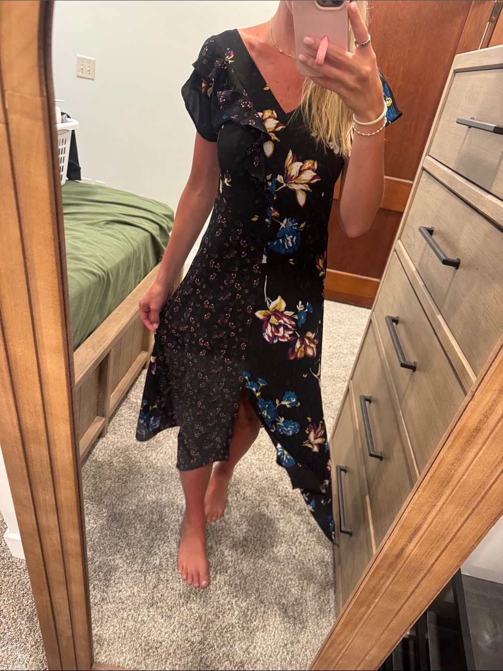Floral V-Neck Black Midi Dress